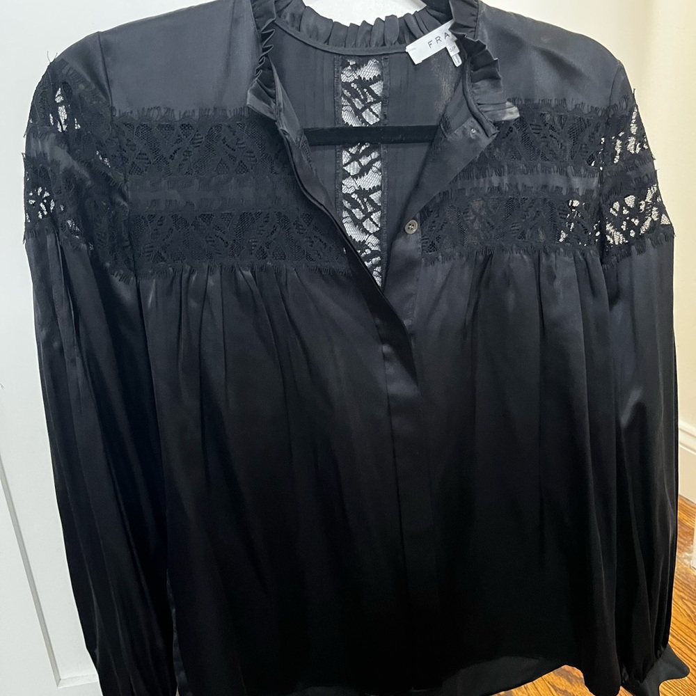 FRAME Black Lace Detail Silk Women's Top